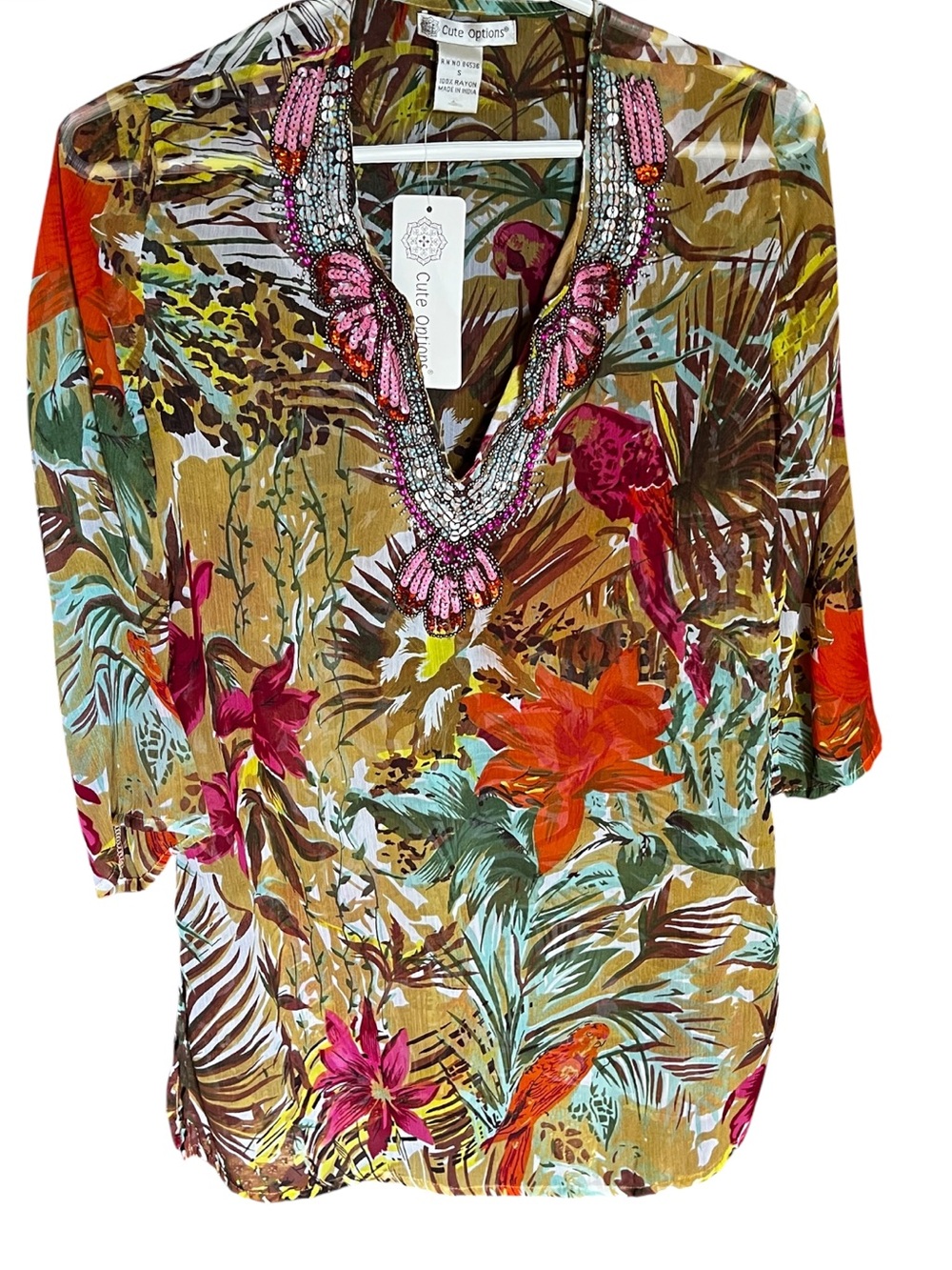 NWT Women’s Multicolor Tropical Parrot Floral Beaded V-Neck Tunic size S